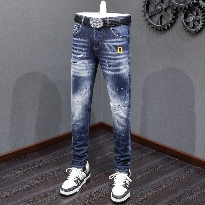 

Street Fashion Men Jeans High Quality Retro Blue Stretch Slim Fit Painted Ripped Jeans Men Patch Designer Hip Hop Brand Pants