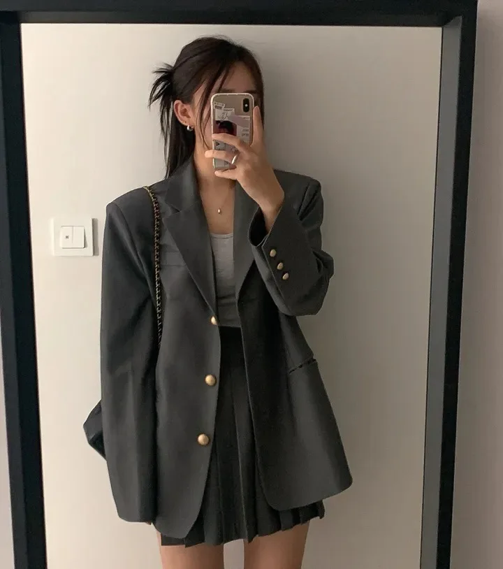 Korean Chic Two-piece Skirt Set Women Single Breasted Blazer Loose Jacket Solid Pleated Mini Skirt Autumn Office Lady Outfits