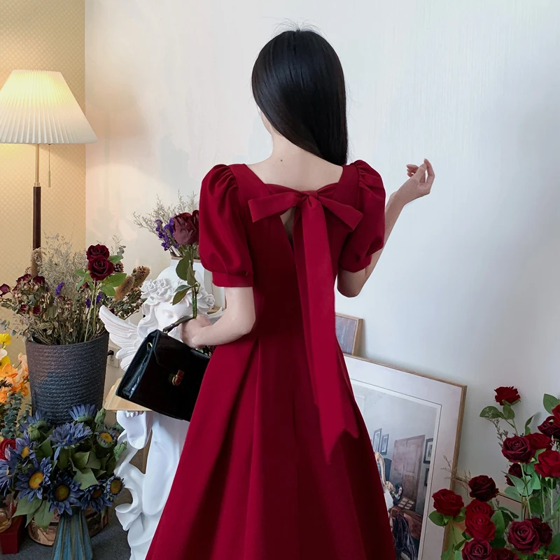 Backness Bow Festival Elegant Red Midi Dress Square Collar Short Sleeve  Pleated Dresses For Women Summer Vestido Robe Clothing - AliExpress  200000345