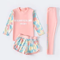 3Pcs Kids Girls Colorful Print Swimsuit Swimwear Long Sleeve Top+Shorts with Pants Set Sun Protection Rash Guard Swimming Outfit 2