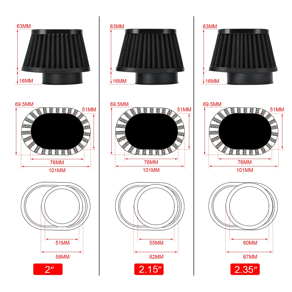 LIZHI- Motorcycle Air Filter 60mm 55mm 54mm 51mm 50mm Universal for Motor Car mini bike Cold Air Intake High Flow Cone Filter air filter motorcycle air filter air filter cleaner motocross air filter