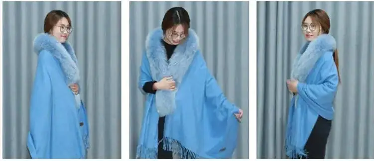 Luxuriöser Winterschal aus 100 % echter Wolle mit echtem Fuchspelzbesatz, Pashmina-Umhang für Damen, hochwertiges Hochzeitsaccessoire – Detail 5