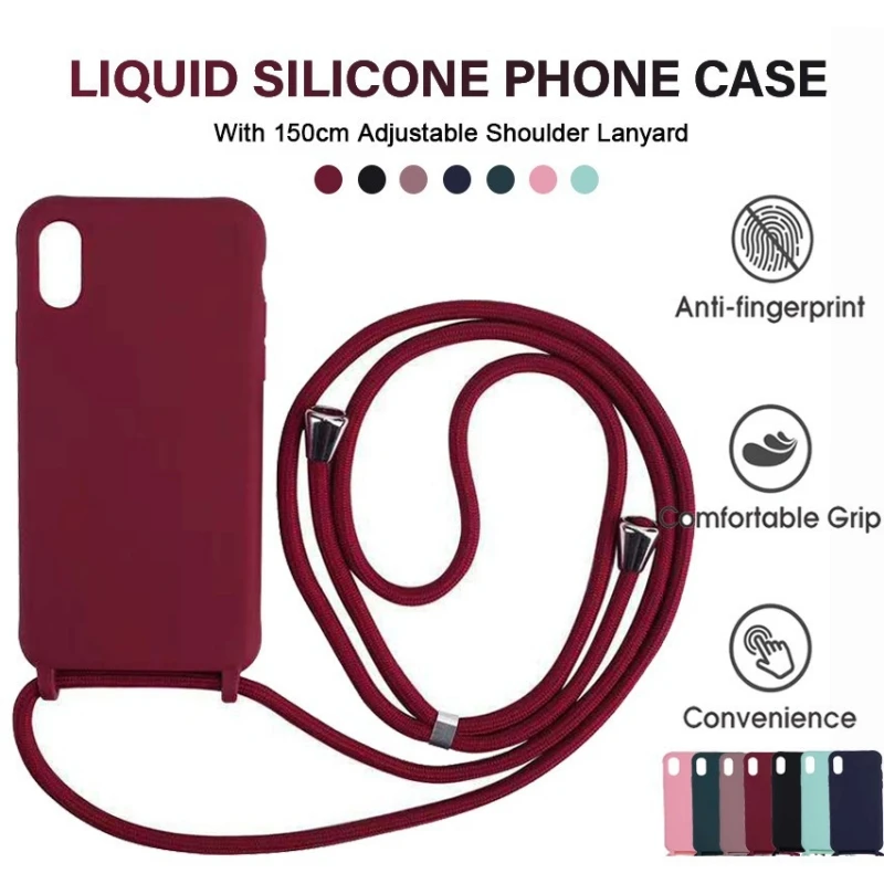 

Liquid Silicone Case for iPhone, Crossbody Necklace, Lanyard Cord Strap, Soft Candy Cover, 15, 13, 11, 12, 14 Pro Max, XS, XR, X