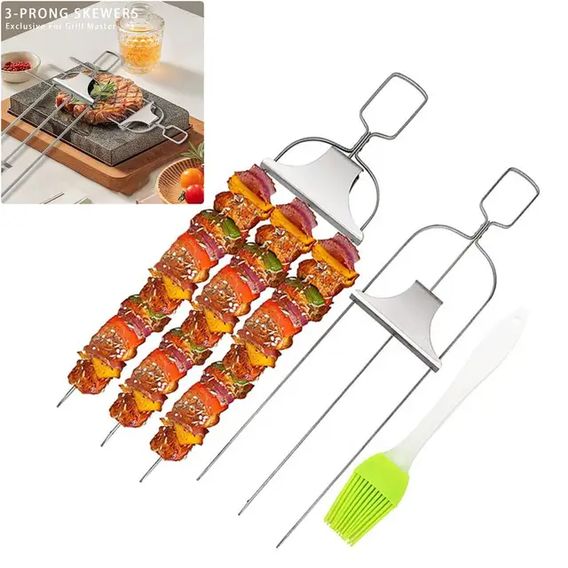 2Db Kabob Nyárs Push Rudakkal Újrafelhasználható Kabob-Botok Rozsdamentes Acélból 3-Prong Bbq Nyársok A Húsos Zöldségek Grillezéséhez - Image 2