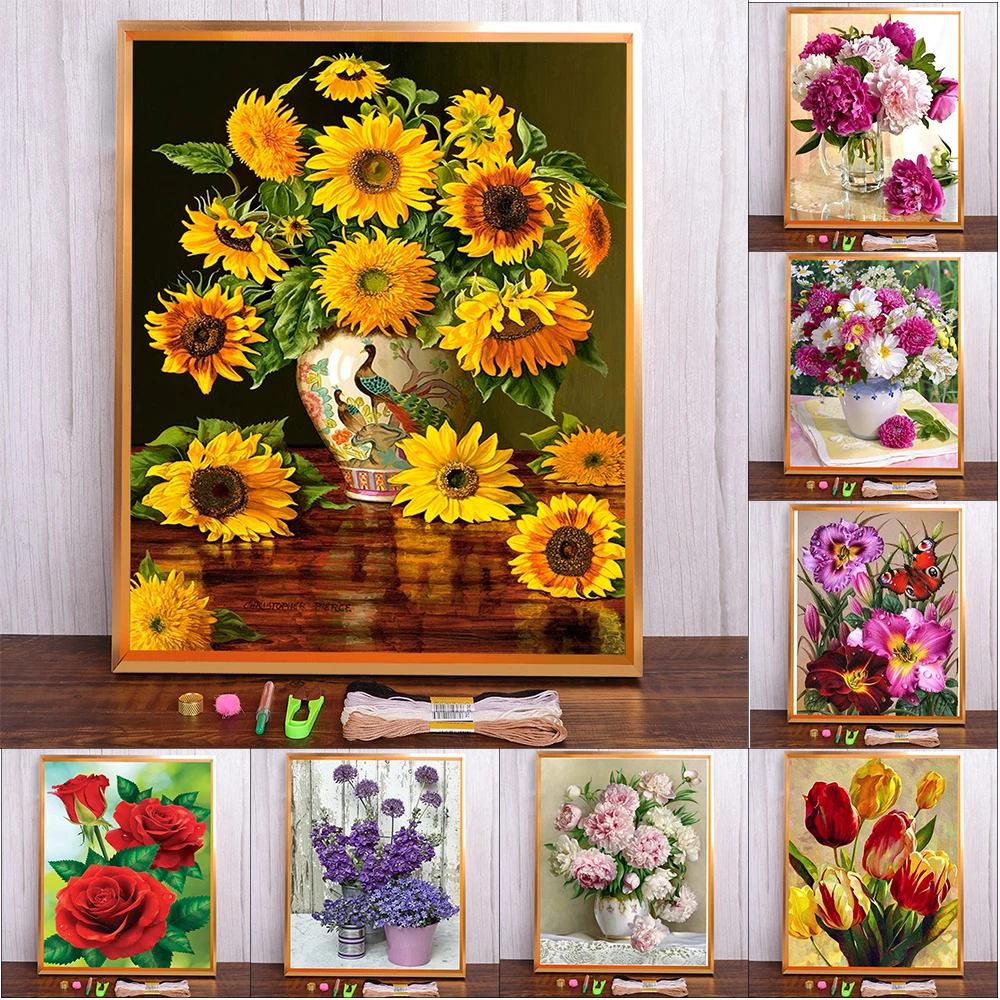 Meian DIY Flower Embroidery Set 11/14CT Lavender Peony Sunflower Pattern Cross Stitch Kits Printed Canvas DMC Needlework Gift cross stitch kit peony embroidery kit