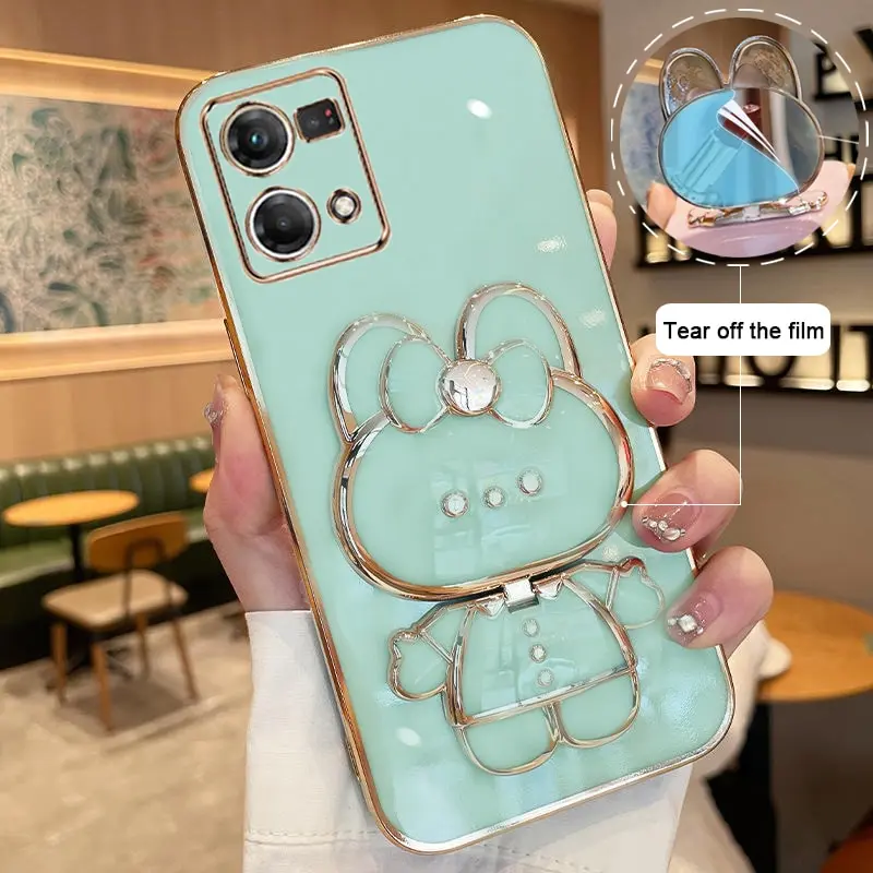 

Makeup Mirror For Oppo Reno 7 4G Plating Cartoon Rabbit Folding Bracket Phone Protection Case Cover