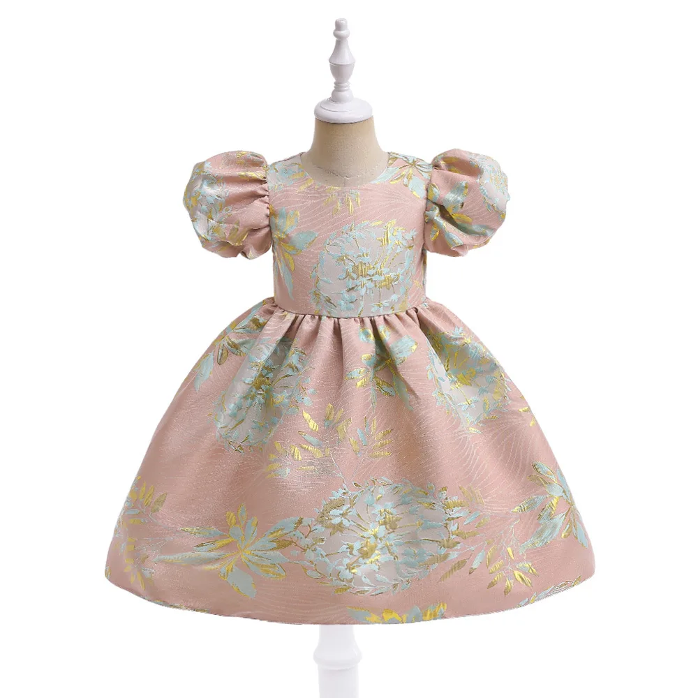 

Lovely Satin Print Flower Girl Dresses Ball Gown Kids Wedding Party Pageant Dresses 2023 Lantern Sleeves First Communion Gown