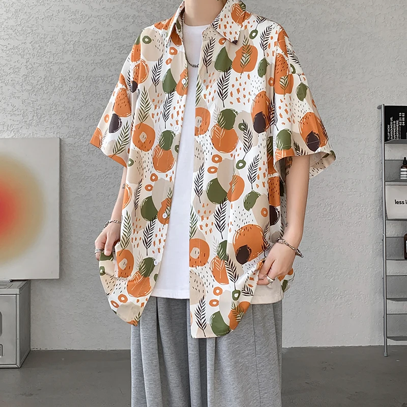 

2023 Summer Men's Ice Silk Fabric Hawaiian Floral Printing Shirt Oversized Beach Ventilate Loose 5 Color Fashion Trend Shirt