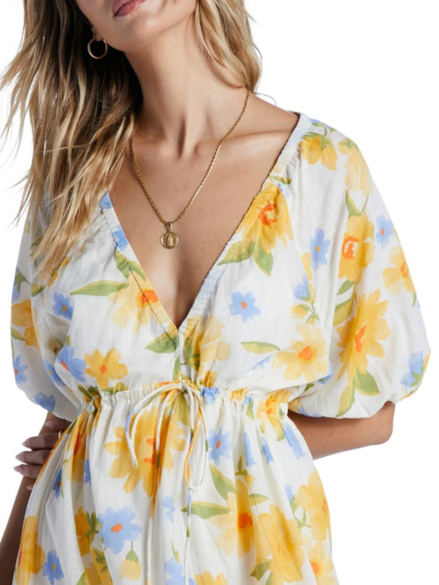 

Women Summer Casual Long Dress Flower Print Deep V-Neck Tie-Up Short Sleeve Dress Fashion Beach Holiday Dress