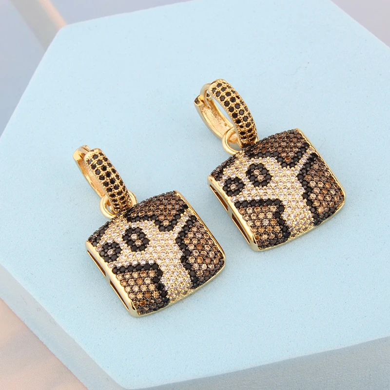 SUNSLL New Design Light Luxury Fashion Earrings Gold Color Inlaid Leopard Zircon Square Pendant Exquisite Jewelry Gift