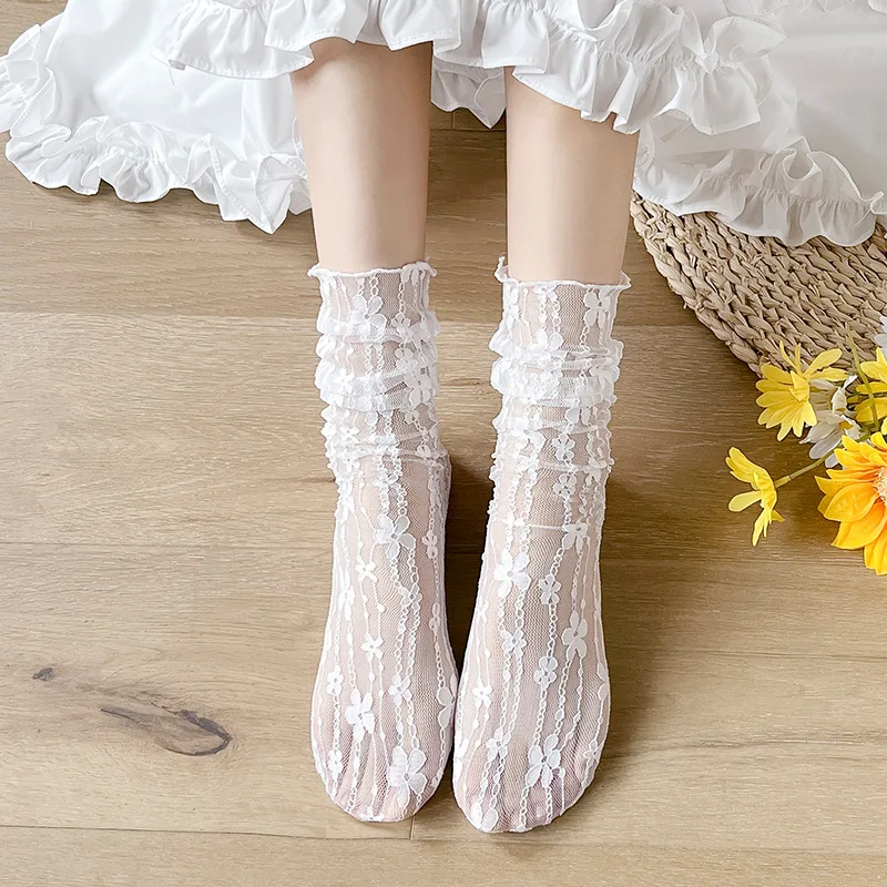

Socks Woman Summer Thin Floral Black White Lace Lolita Cute Stockings Women Lingerie Middle Tube Socks for Women