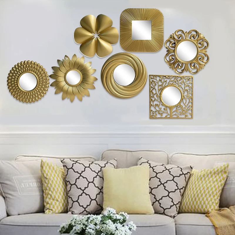 Wall Mirrors 1/3pcs Nordic Vintage Background Living Room Background Bedroom Golden Hanging Mirror Round Square Mirror Sets Wall Decorations