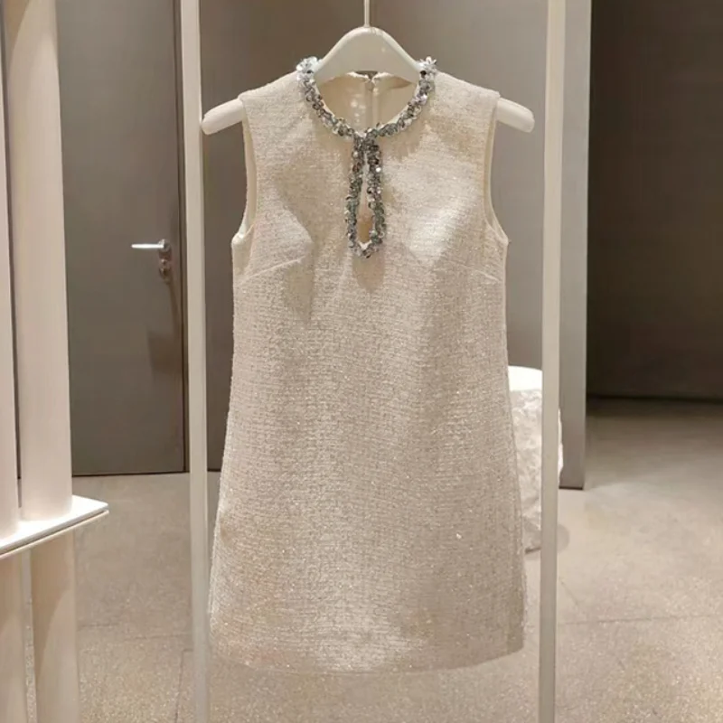 

Women Spring Summer Fragrance Sleeveless Mini Dress Round Neck Sequined Beaded High Quality Fashion Party Sweet Tweed Dress