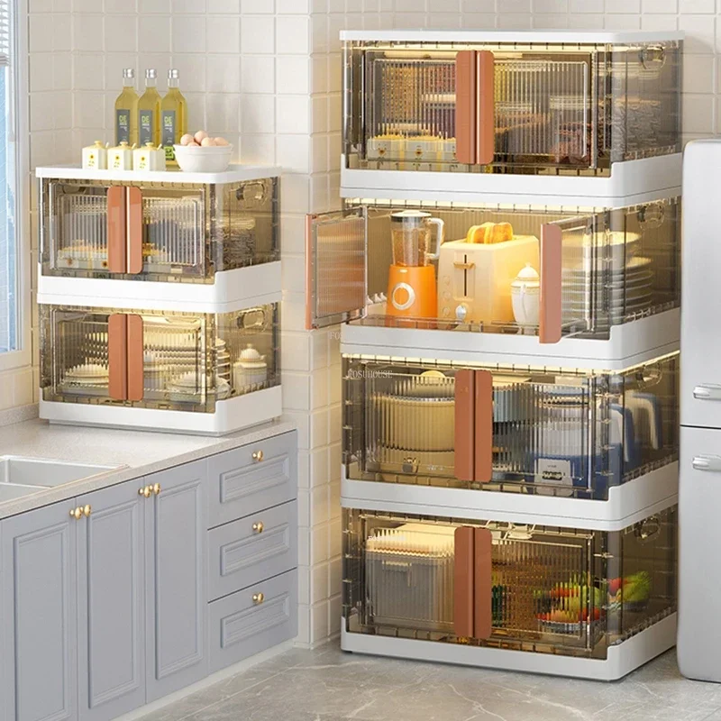 Light Luxury Plastic Kitchen Cabinets Creative Kitchen Furniture Floor Flip Locker with Door Home Living Room Multi-layer Rack Q 3
