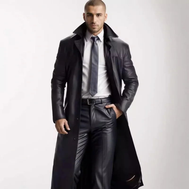 Trench Coat Men's Extended Trench Coat Men's Fashion Extended PU Leather Slim Fit Fashion Leather Coat