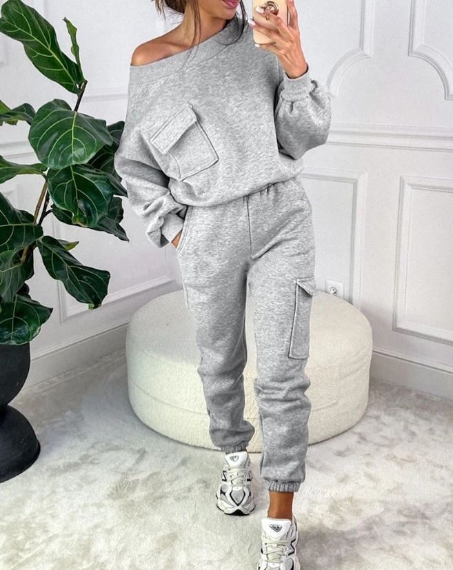 Women's Solid Color Pants Set 2023 New Round Neck Pocket Design Sweatshirt & Casual Cuffed Sweatpants Set Autumn and Winter Wear