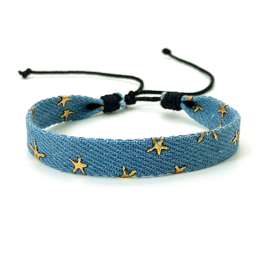 Vintage Star Pattern Denim Fabric Bracelet Handwoven Wrist Strap Jewelry for Women Men