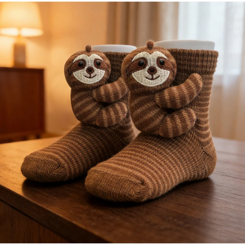 3D gestrickte süße Tier-Bodensocken, verdickt, warm, handgefertigt, gehäkelt, doppellagig, warme Socken, lustiges Neujahrsgeschenk – Detail 1