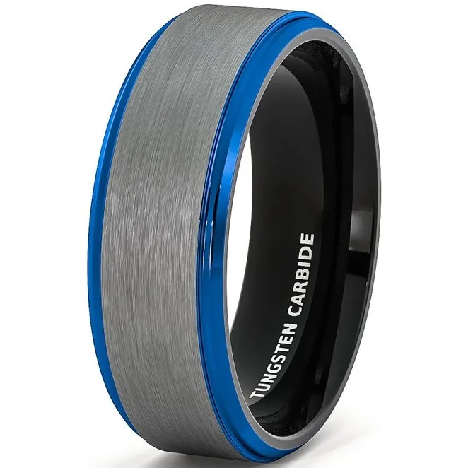 queenwish Mens Wedding Band Tungsten Ring White Brushed Surface Black Inside Blue Step Edge Comfort Fit