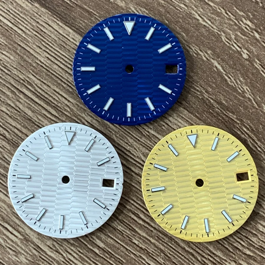 

Watch Accessories Gold Blue White Dial 28.5MM Blue Green Luminous NO Logo Dial Date Suitable for NH35/36/4R/7S Movement
