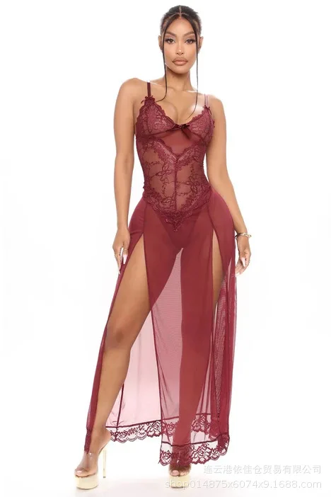 Sexy Lace Nightgown with Side Split And Mesh Material Fun Underwear Large Size Strap Long Dress Transparent Net Viewable