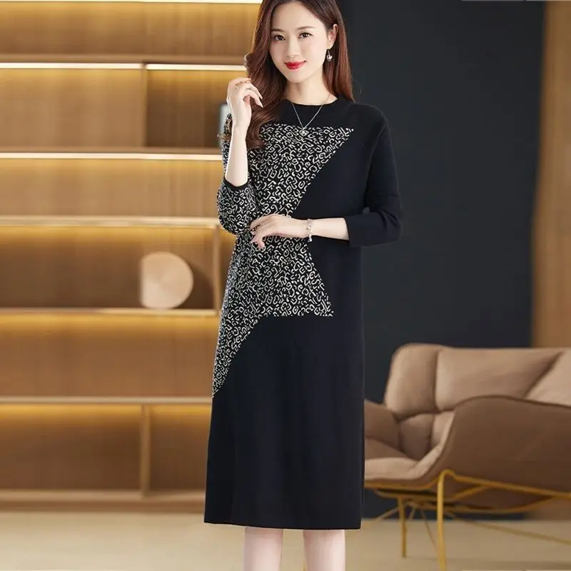 

2024 New Autumn Winter Cothes Women Oversize Knit Dress Fashion Half High Collar Star Print Female Bottom Slim Sweater Dresses