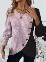 Autumn Long Sleeve Buttons Pit Striped Women Sweaters Contrast Color Long Sleeve O-Neck Pullovers Loose Simple Knitted Clothing - Image 5