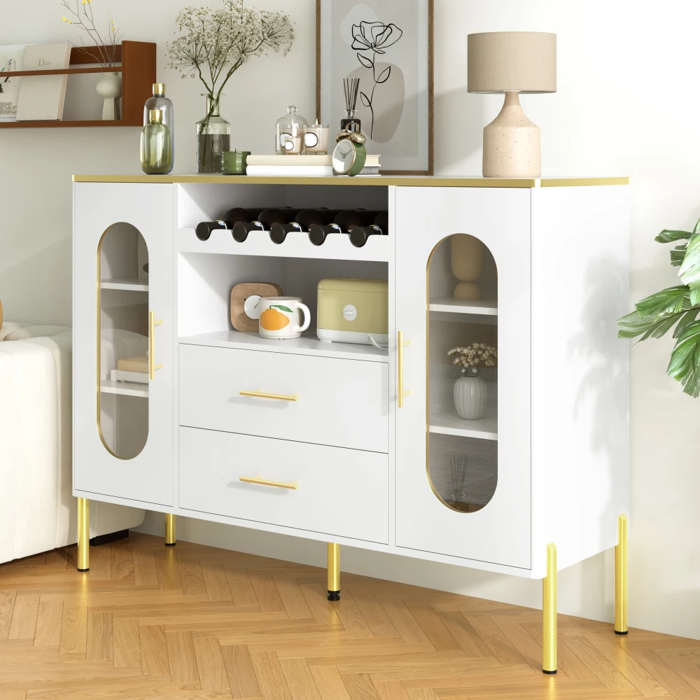 PINGGO Modernes Sideboard mit Glasfronten, Weinregal, Verstellbaren Füßen und Stauraum für Esszimmer und Wohnzimmer – Detail 3