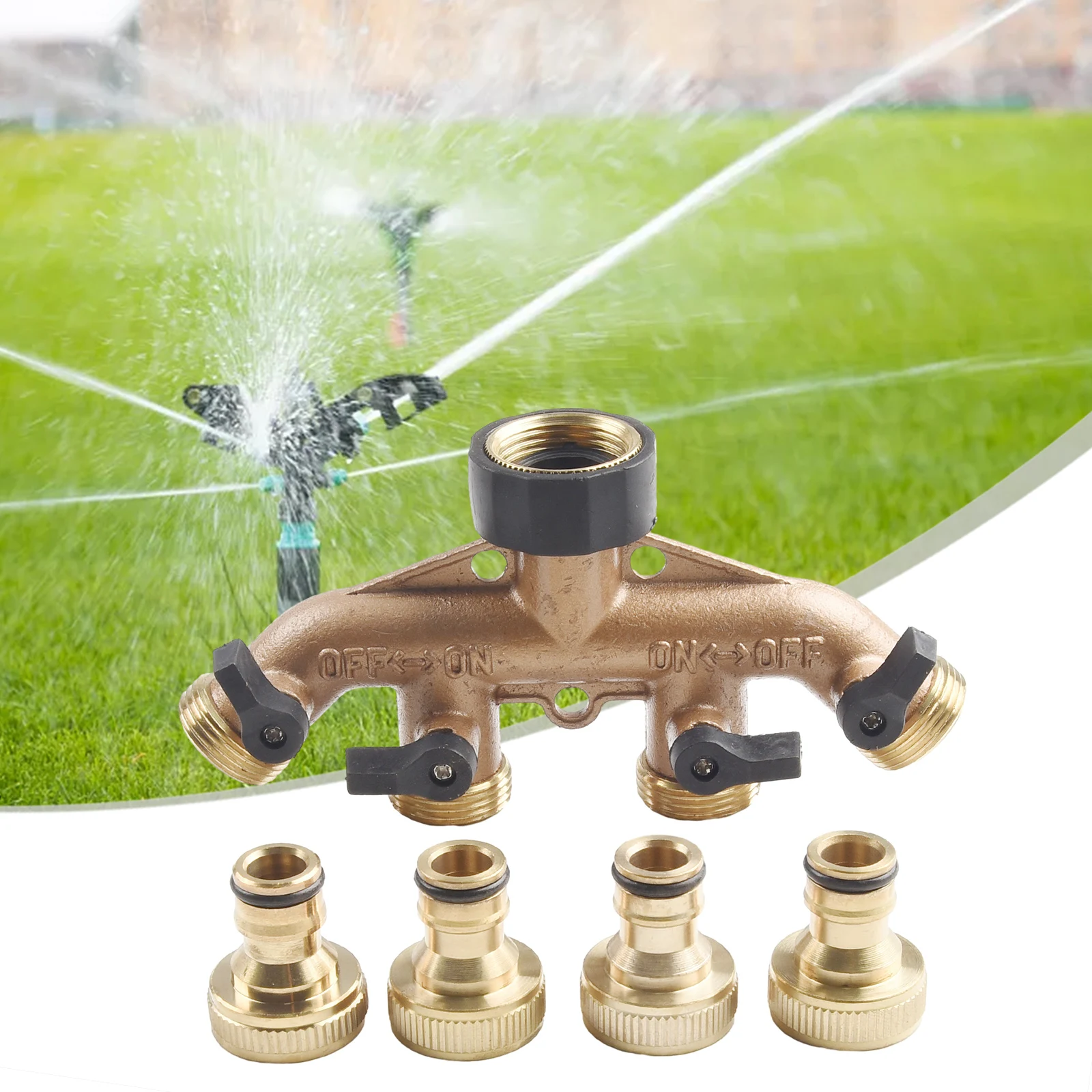 

4 Way Solid Brass Hose Splitter Connector & Shut Off Valves 3/4Inch Garden Tap Water Splitter Water Pipe Garden Water Kits Parts