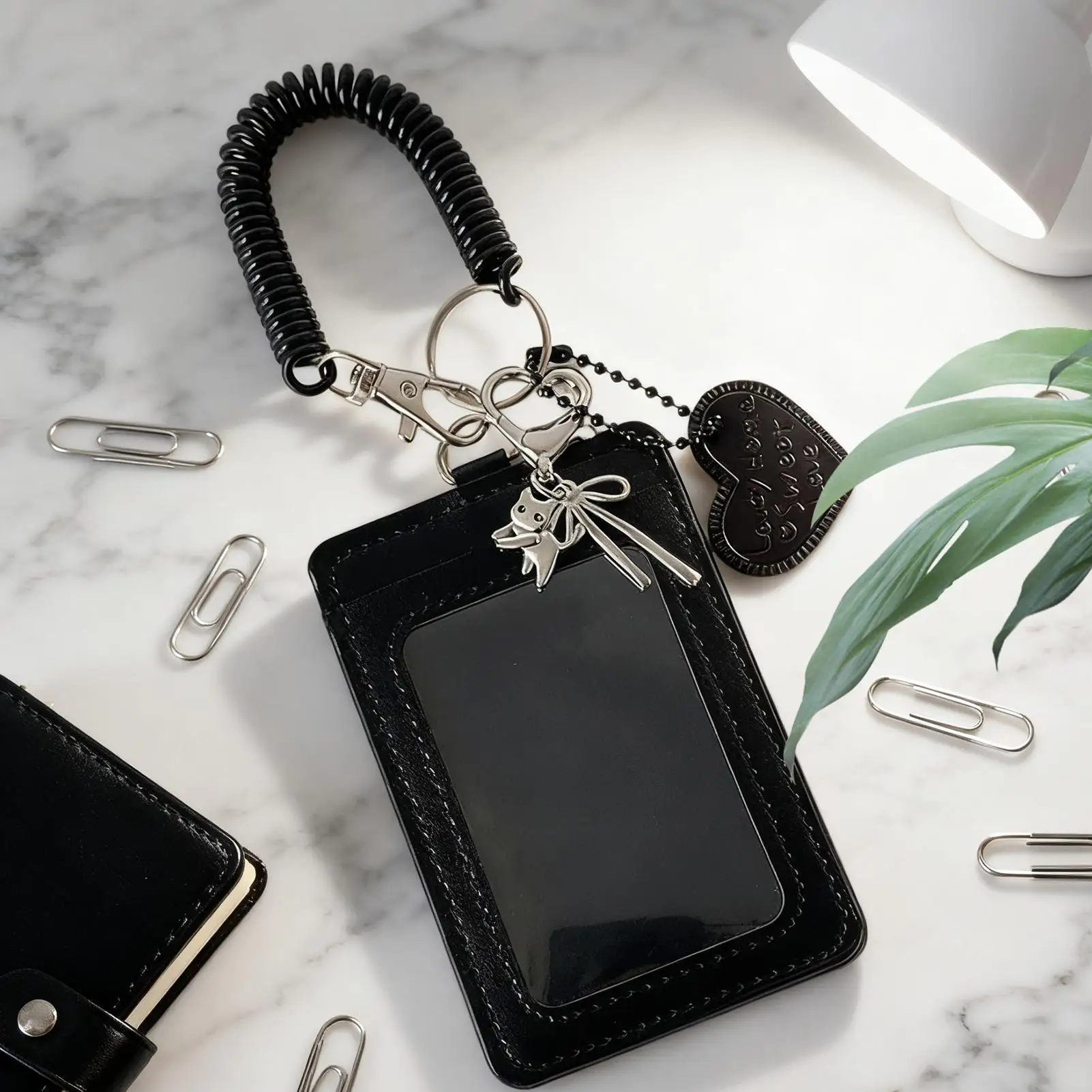 Photo Card Holder PU Leather Identification Badges Case Protective Case With Love Heart Charm Spiral Wrist Coil For Women Men