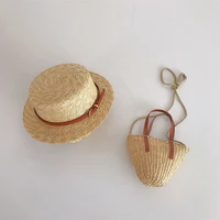Chic Style Children's Wheat Straw Sunhat Handbag Leather Rope Flat Top Sunscreen Straw Bags Summer Holiday Beach Hat Bags 1