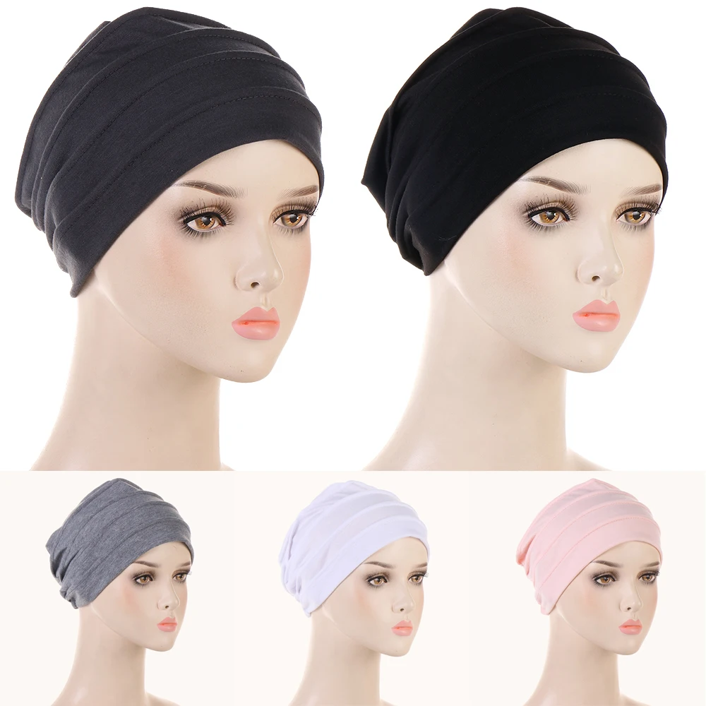 

Muslim Women Inner Hijabs Cap Chemo Cap Head Wraps Turban Hat Beanie Bonnet Solid Color Slouch Elastic Hats For Women Caps