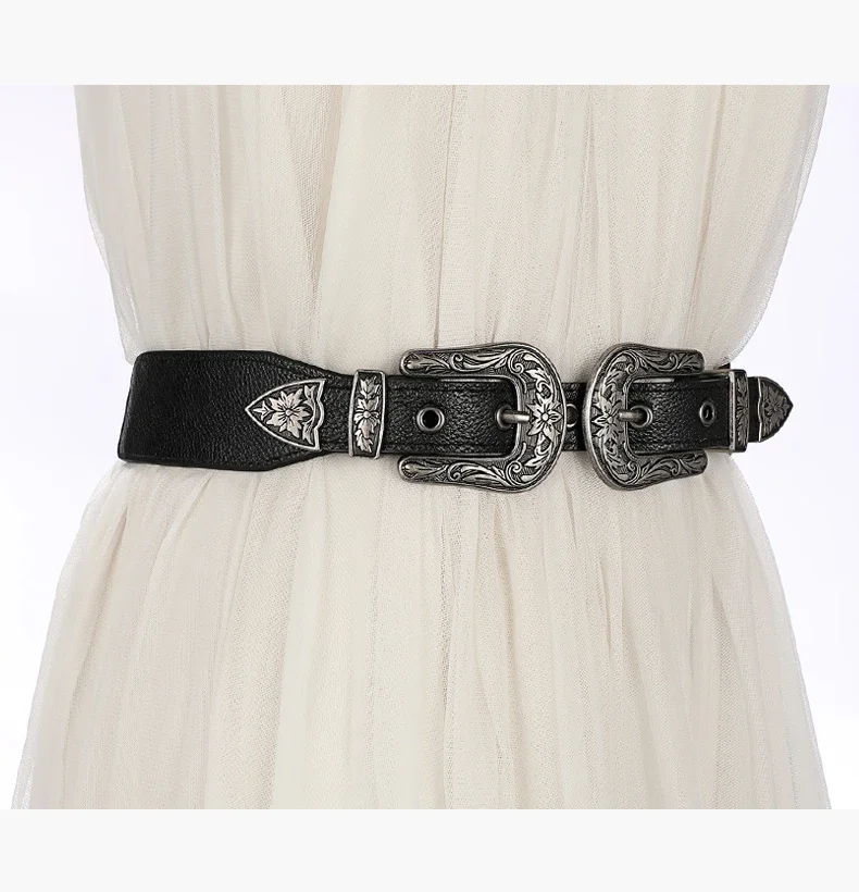 Cooler Gürtel für Damen, geschnitzte Blumenschnalle, Retro-Mode, elastischer Bund – Detail 7