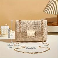 Woven Straw Handwoven Women's Shoulder Bag, Fashion Solid Color Crossbody Purse with Lock Closure 3