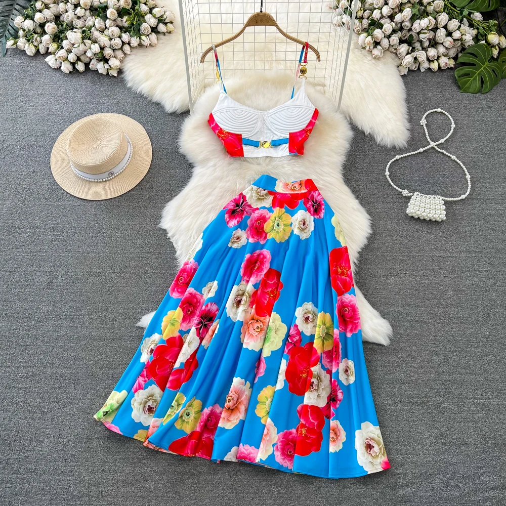 Summer Holiday Runway 2 Pieces Set Women's Spaghetti Strap Padded Cup Back Zipper Flower Print Short Tops + Long Skirt Suit lace wirefree maternity nursing bra breastfeeding lingerie double strap for pregnant women lactation xl plus lightly padded