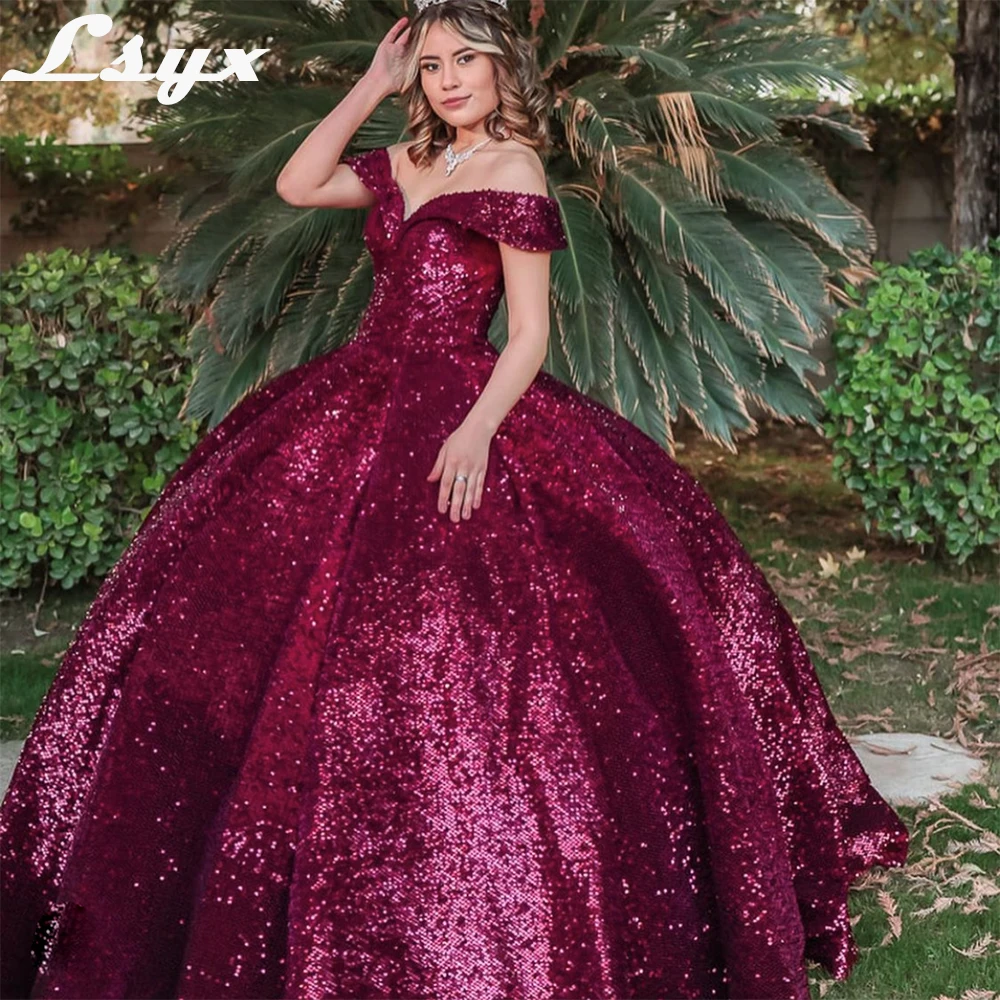 

LSYX Off The Shoulder Sequins Dresses Gala Princess Ball Gown Shining Quinceanera Dresses 2022 Vestido De 15 Anos Sweet 16