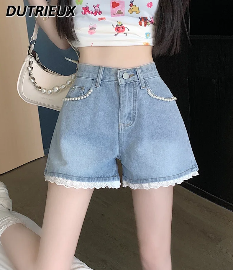 Sweet Chic Denim Shorts Women Summer New High Waist Slimming Wide Leg A- Line Jeans Shorts Small Beading Lace Short Pants Female