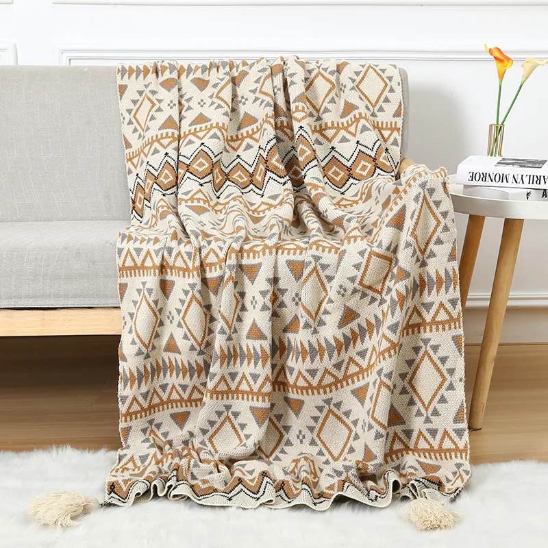 

Nordic Knitted Blanket Travel Blanket Plaid Bed Khaki Sofa Throw Rug with Tassels Vintage Thin Summer Air Condition Blankets