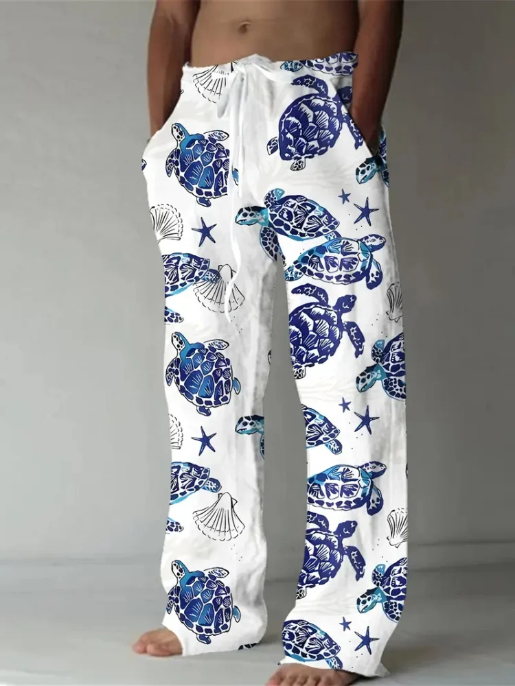 Summer Beach Casual Men's Straight Leg Pants Beach Turtle 3D Printed Men's Casual Pants Trendy And Fashionable Men's Pants