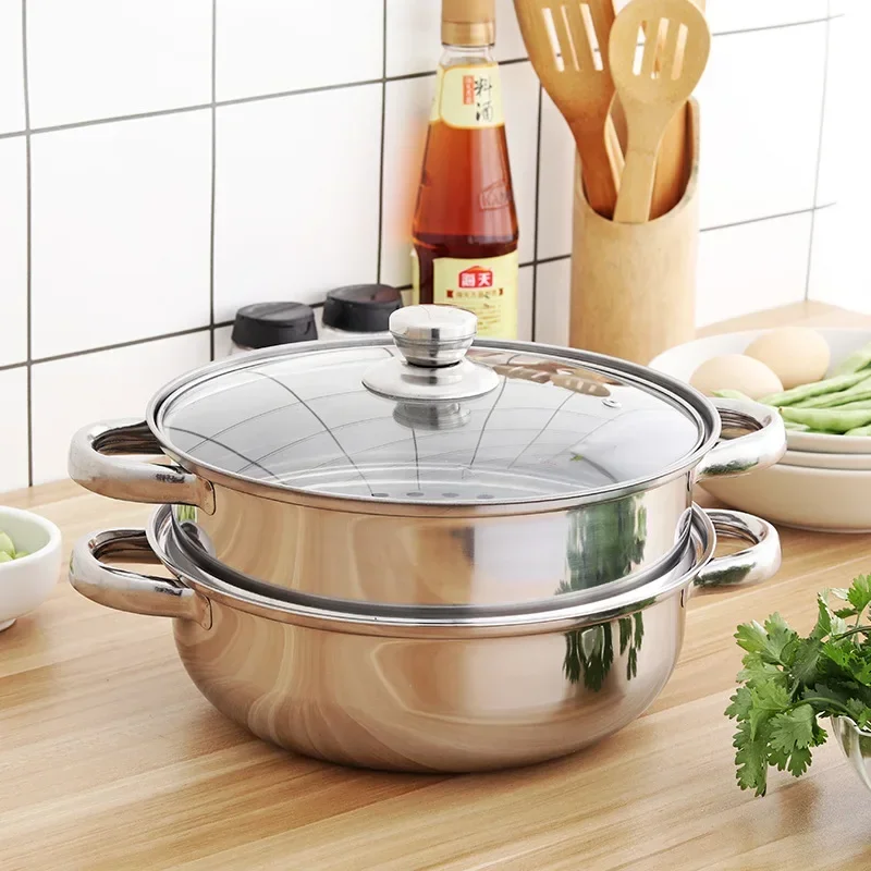 304 Stainless Steel Double Boiler Steam Pot Rice Noodle Roll Steamer Soup Pot Steamed Buns Cake Boilers Kitchen Tools Cookware