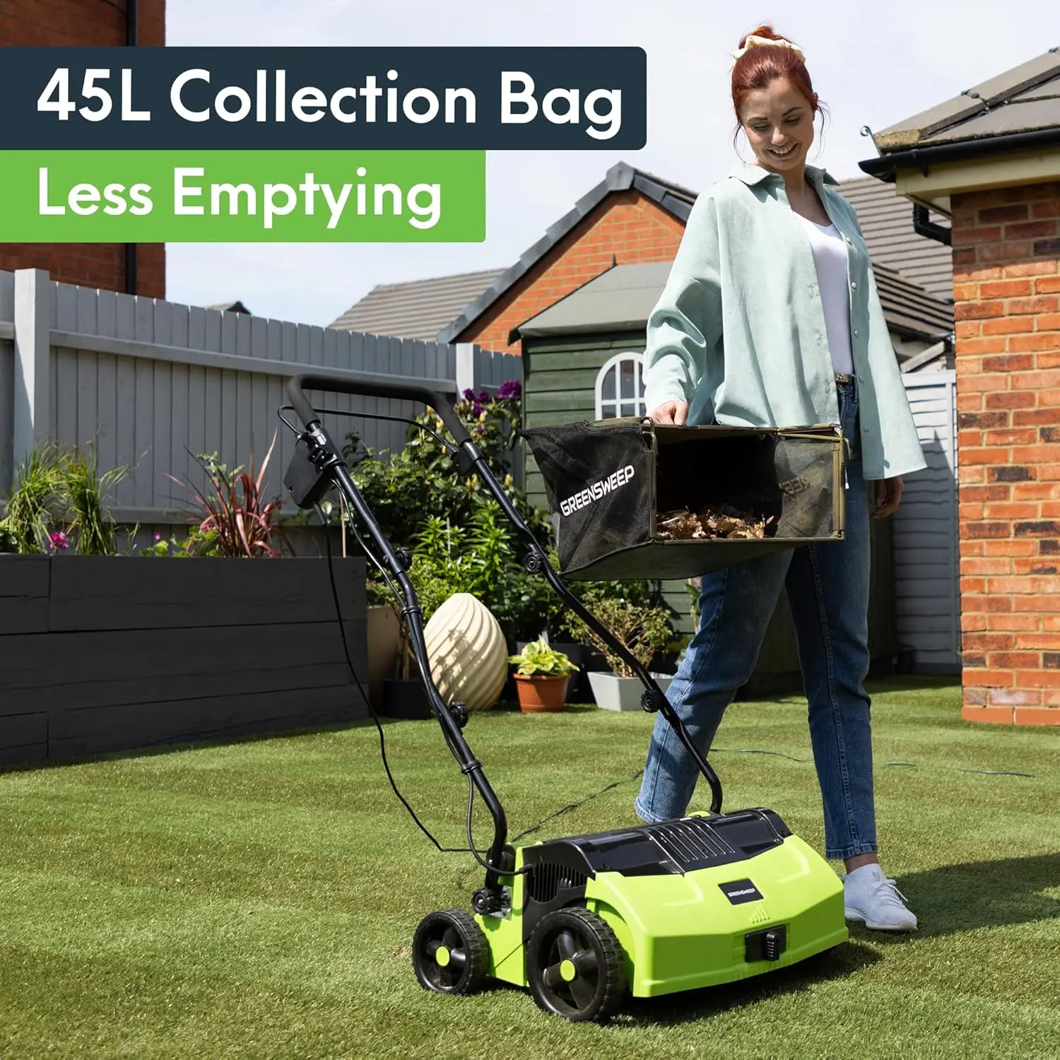 V2-Artificial Grass Electric Sweeper Rake Vacuum 45L Collection Bag,5 Adjustable Heights, Foldable Handle