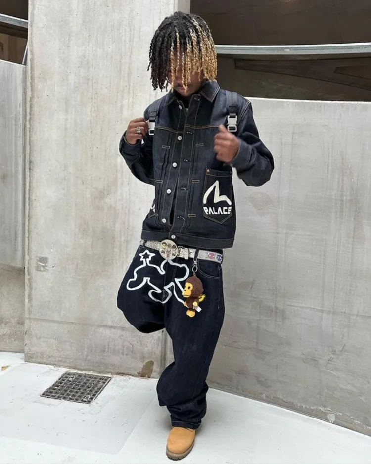 Jeans Unisex De Pierna Ancha Con Estampado Y2K - Estilo Hip Hop, Cintura Alta, Bolsillos Grandes, Moda Gótica Y Vintage