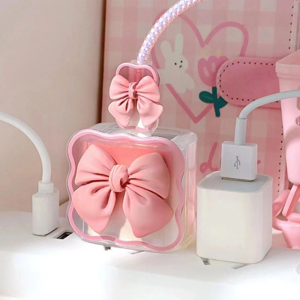 3D Bow Tie Heart Design DIY Cable Protector for Apple 18W/20W Power Adapter Clear Soft Data Cable Wire Saver for Women