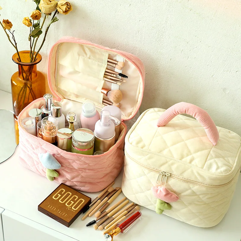 

Solid Color Cream Wind Zipper Makeup Bag Soft Flowers Instagram Cute Portable Large Capacity Travel Storage Cosmetics Organizer