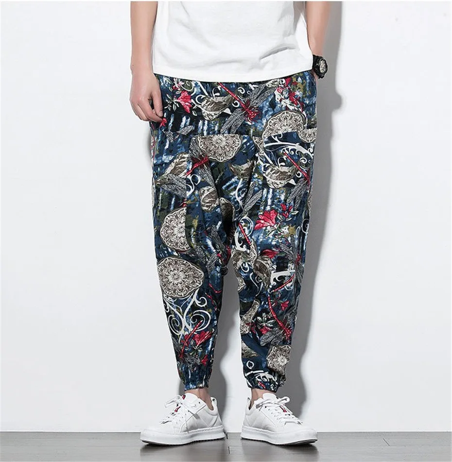Hip Hip Streetwear Cross-pants Men Summer Loose Linen Pants Male Hip Hop Graffiti Trousers Elastic Waist