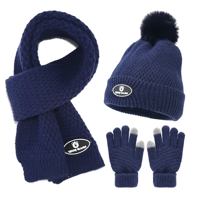 New Winter Children's Hat Scarf Gloves Set Boys Girls Faux Fur Ball Hat Thick Plush Knitted Cap Collar Gloves 3pcs Set