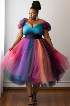 Plus Size Rainbow Ombre Tulle Midi Dress Women Off Shoulder Puff Sleeve High Waist A-Line Formal Evening Party Prom Gown