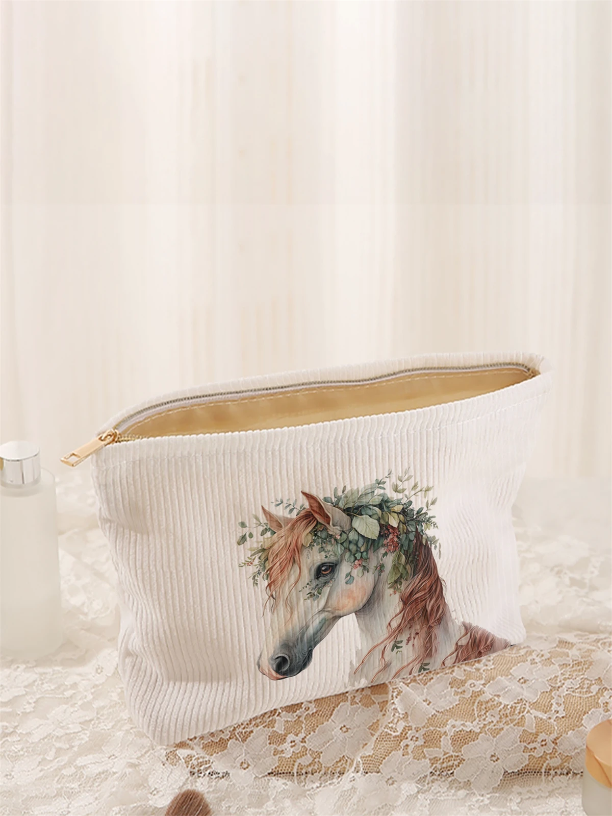 1 white horse pattern printed corduroy makeup bag, lightweight zipper makeup storage box, multifunctional bag with lining