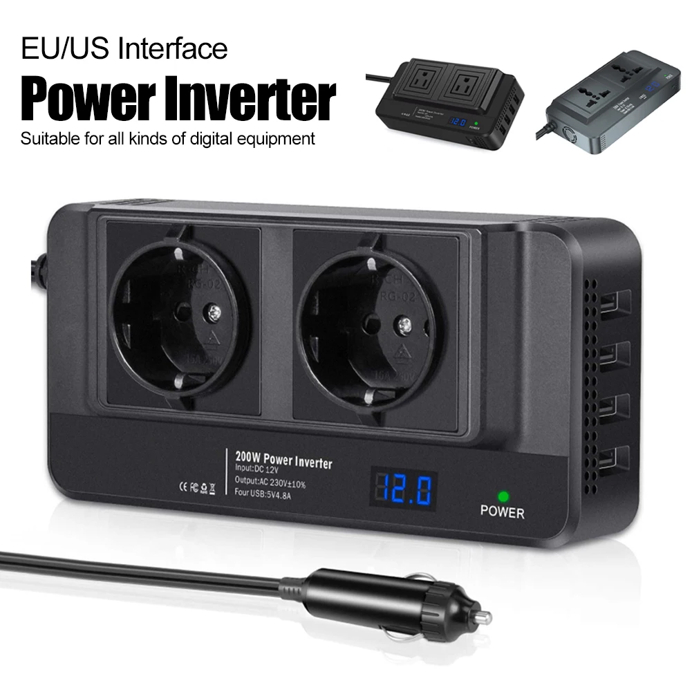

Car Inverter DC 12V to AC 220V 200W Auto Converter Type-C USB Fast Charging Charger EU Socket Car Inverter Power Adapter