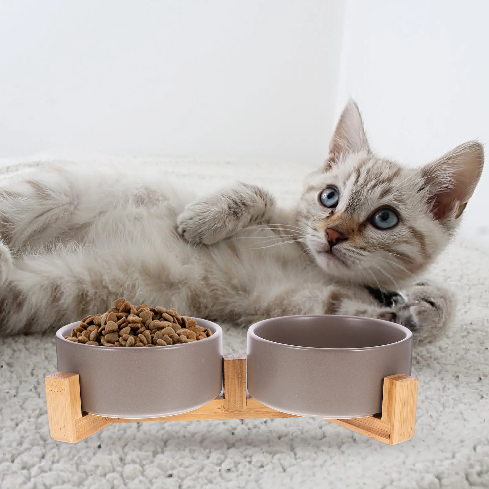 

Pet Bowl Cat Ceramic Feeding with Stand Puppy Feeder Flower Wood Bowls Dog Water